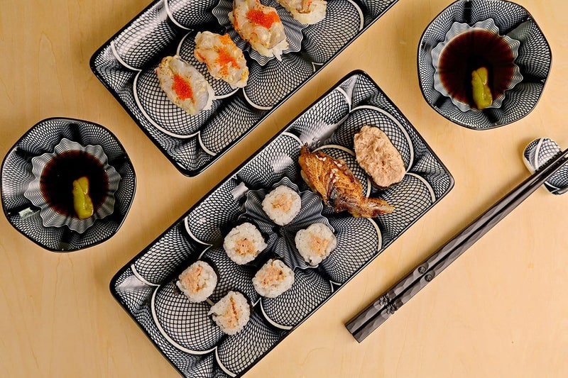 ELUSH 8 Piece Japanese Style Ceramic Sushi Plate Set 10-inch rectangle sushi dishes- 2 Sushi Plates, 2 Sauce Dishes, 2 Pairs of Chopsticks, 2 Chopsticks Holders - Image 5